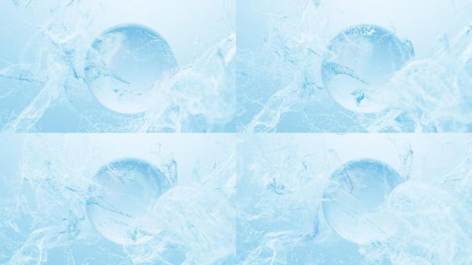 舞动的蓝色粒子与玻璃球体浅色背景3D渲染