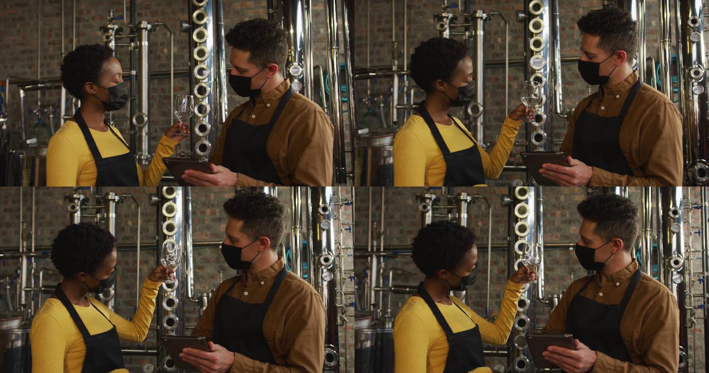 不同的男女同事戴着口罩在杜松子酒厂检查产品，使用平板电脑