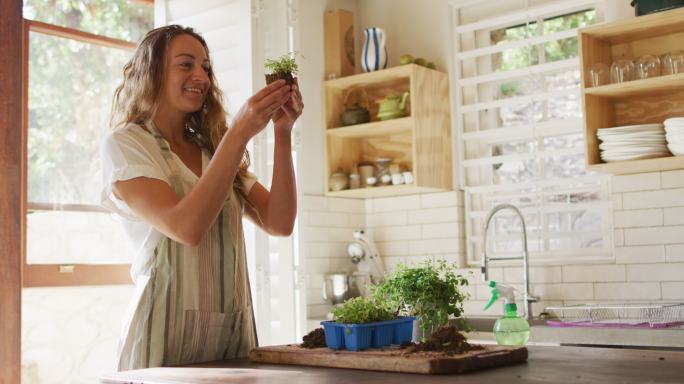 笑容满面的白人妇女站在阳光明媚的农舍厨房里照料盆栽