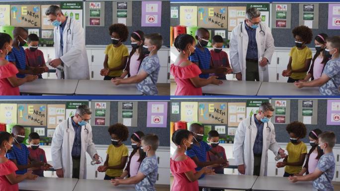 不同的教师和在校学生站在消毒手上，都戴着口罩