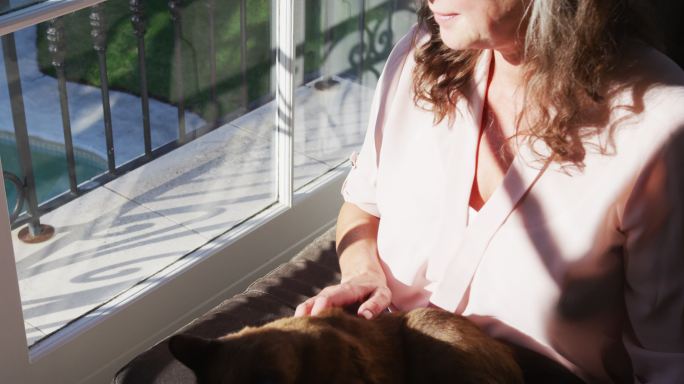快乐的白人妇女坐在阳光明媚的客厅里，抚摸着猫，看着窗外