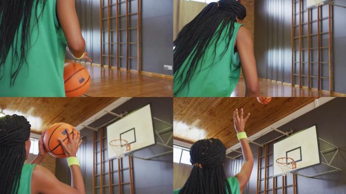 非裔美国女篮球运动员运球和投篮