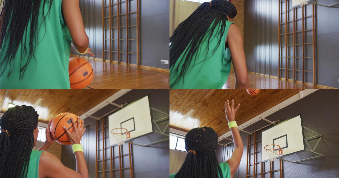 非裔美国女篮球运动员运球和投篮