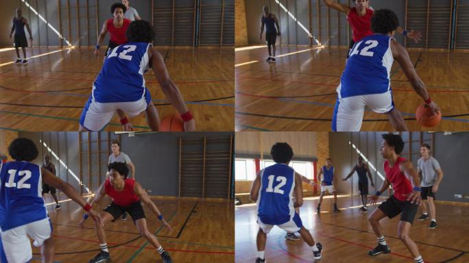 多样化的男子篮球队和教练比赛