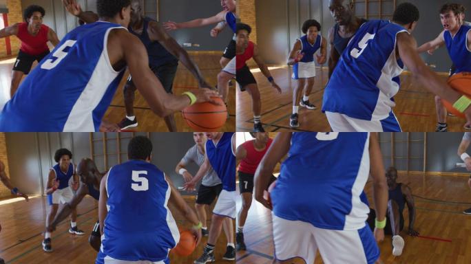 多样化的男子篮球队和教练比赛