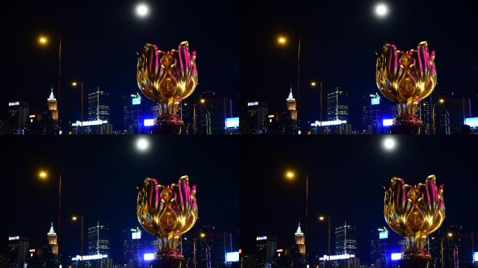 香港金紫荆广场“紫荆花”雕塑仰拍夜景