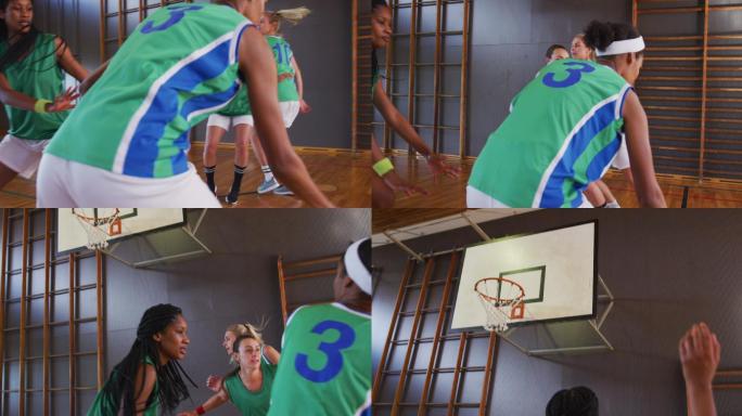 女子篮球多样化的比赛，运球和投篮