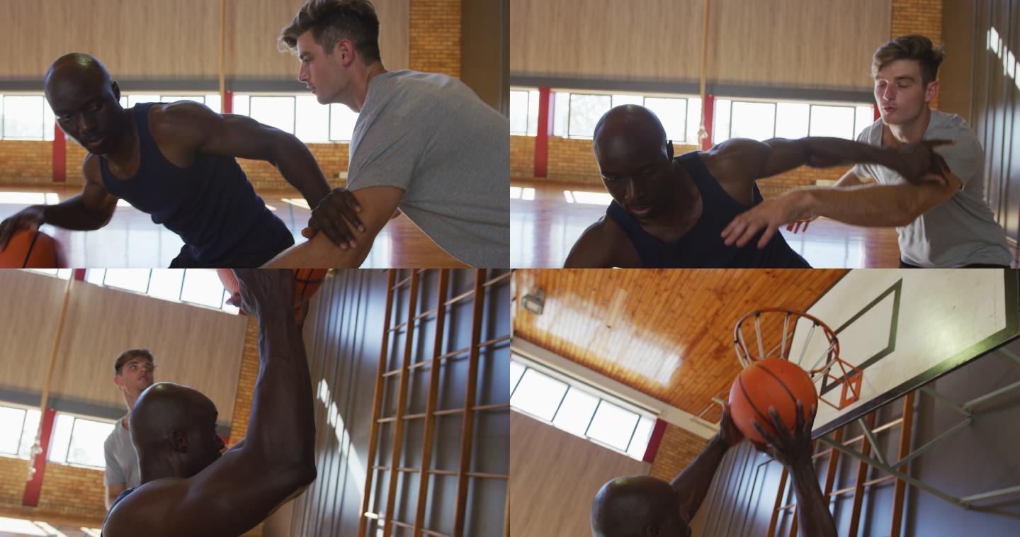 白人男性篮球运动员和教练练习运球