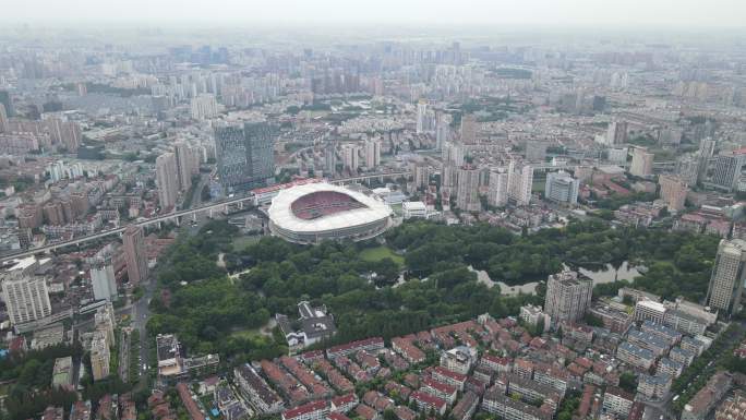 上海虹口区虹口足球场鲁迅公园全景4K航拍