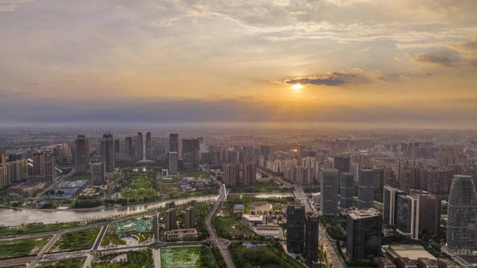 成都高新城市天际线夕阳航拍延时摄影4K