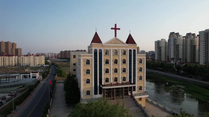 临沂柳青河基督教堂航拍 宗教十字架