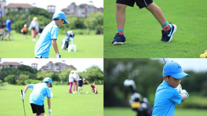 男孩练习高尔夫升格慢动作高速镜头