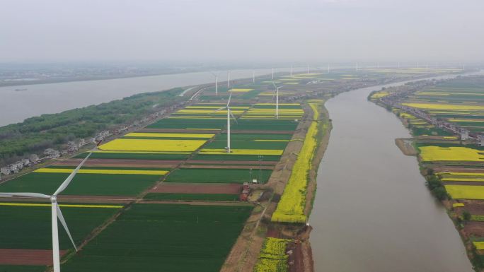 航拍江州三月风电与农田