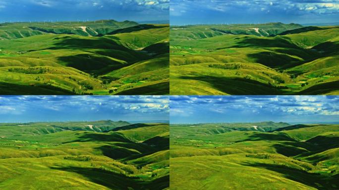 直升机航拍乌兰察布高山草甸蓝天白风车08