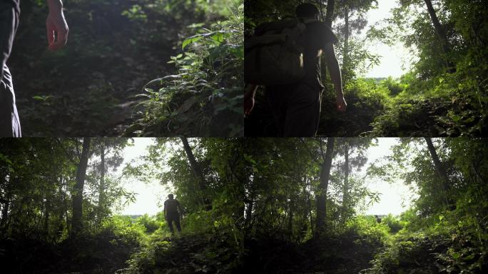 背包男人脚步行走丛林树林旅行探险