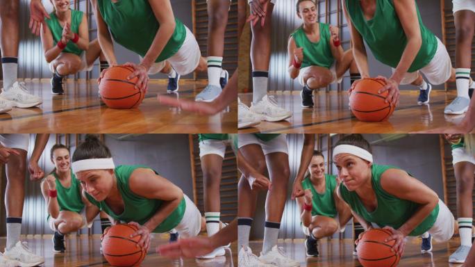 不同的女子篮球队穿着运动服装和做俯卧撑