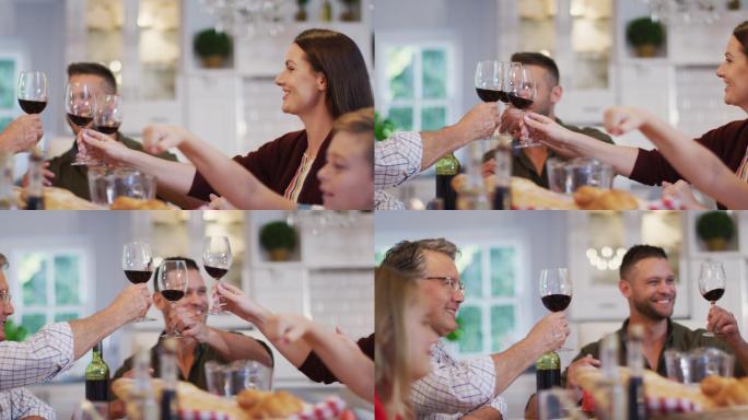 微笑的白人母亲与丈夫和父亲在餐桌上的家庭餐前敬酒