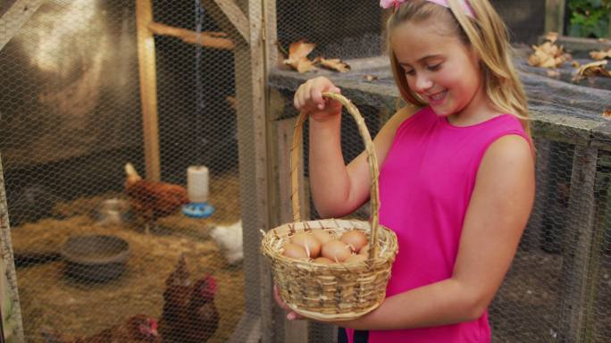 快乐的白人女孩拿着篮子的鸡蛋站在鸡舍在花园
