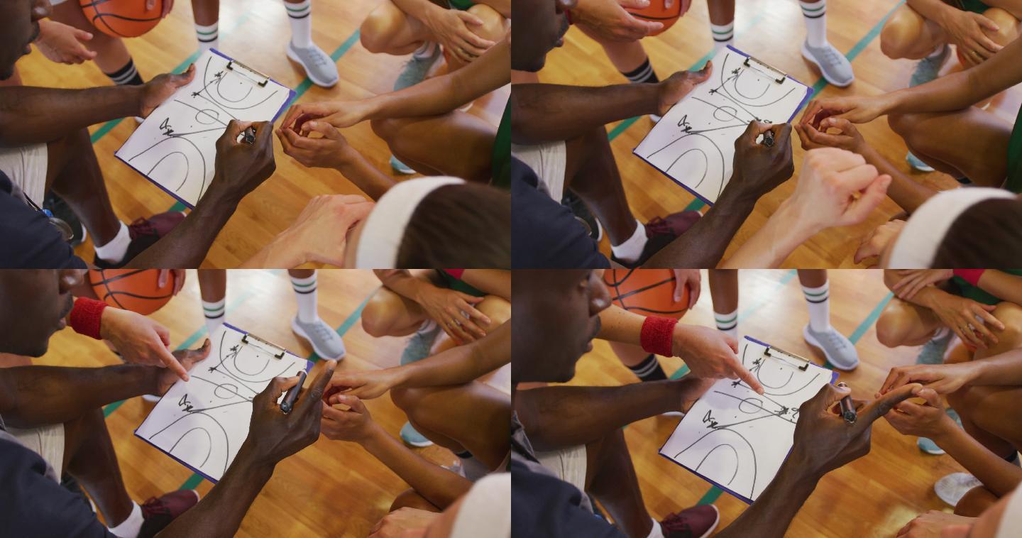 多样化的女子篮球队和教练讨论比赛策略