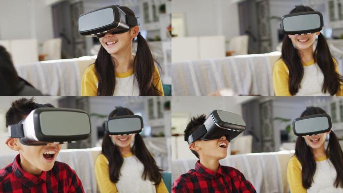 快乐的亚洲兄弟和姐妹在家，坐在沙发上在客厅使用虚拟现实头盔的乐趣