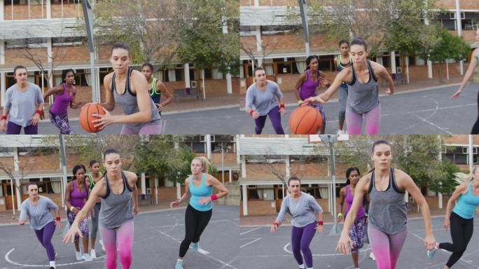 女子多样化篮球队比赛，带球