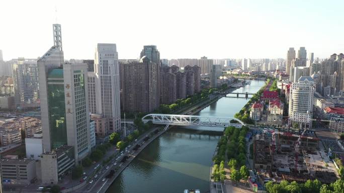 海河风光进步桥天津航拍 海河沿岸城市风光