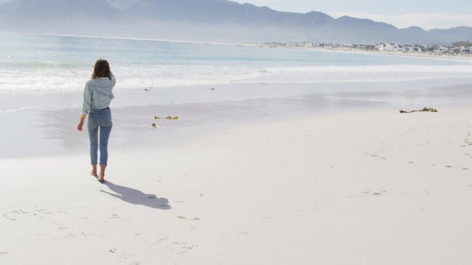 后视图的混合种族的妇女赤脚走在海边的海滩上
