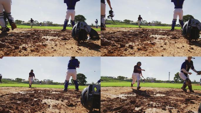 一群不同的女棒球手，外野手试图接住在垒边奔跑的击球手
