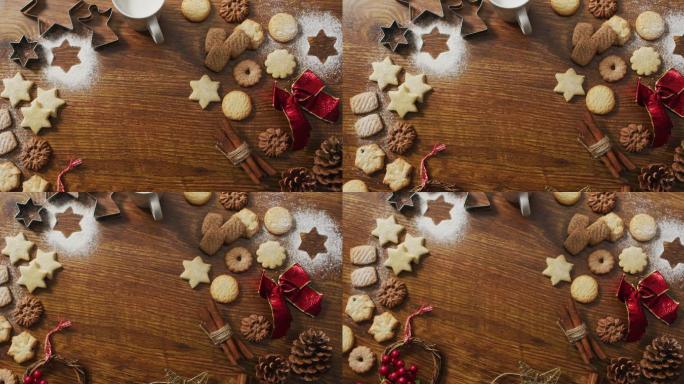 圣诞装饰的视频饼干和复制空间在木制背景