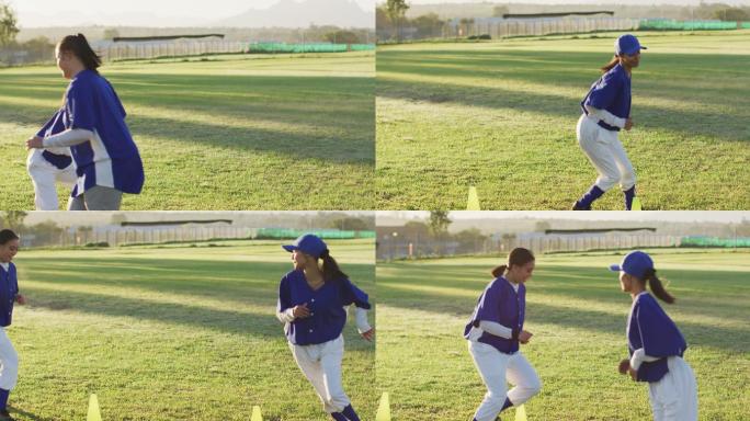 不同团体的女棒球运动员在球场上锻炼，在球果之间奔跑