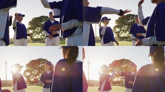 一群不同的女棒球运动员在阳光明媚的球场上休息，聊天，击掌