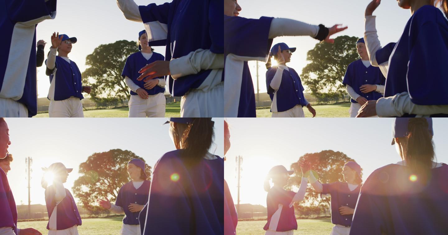 一群不同的女棒球运动员在阳光明媚的球场上休息，聊天，击掌