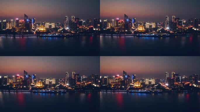 杭州钱江新城CBD日落夜景航拍