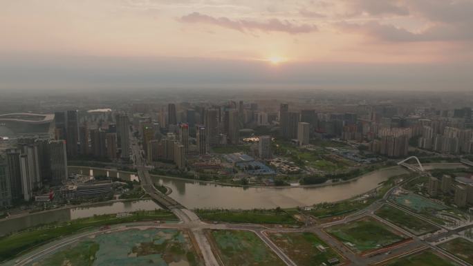 成都高新区金融城城市天际线夕阳航拍4K