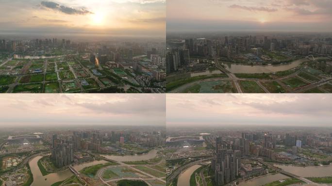 成都高新区金融城城市天际线夕阳航拍4K