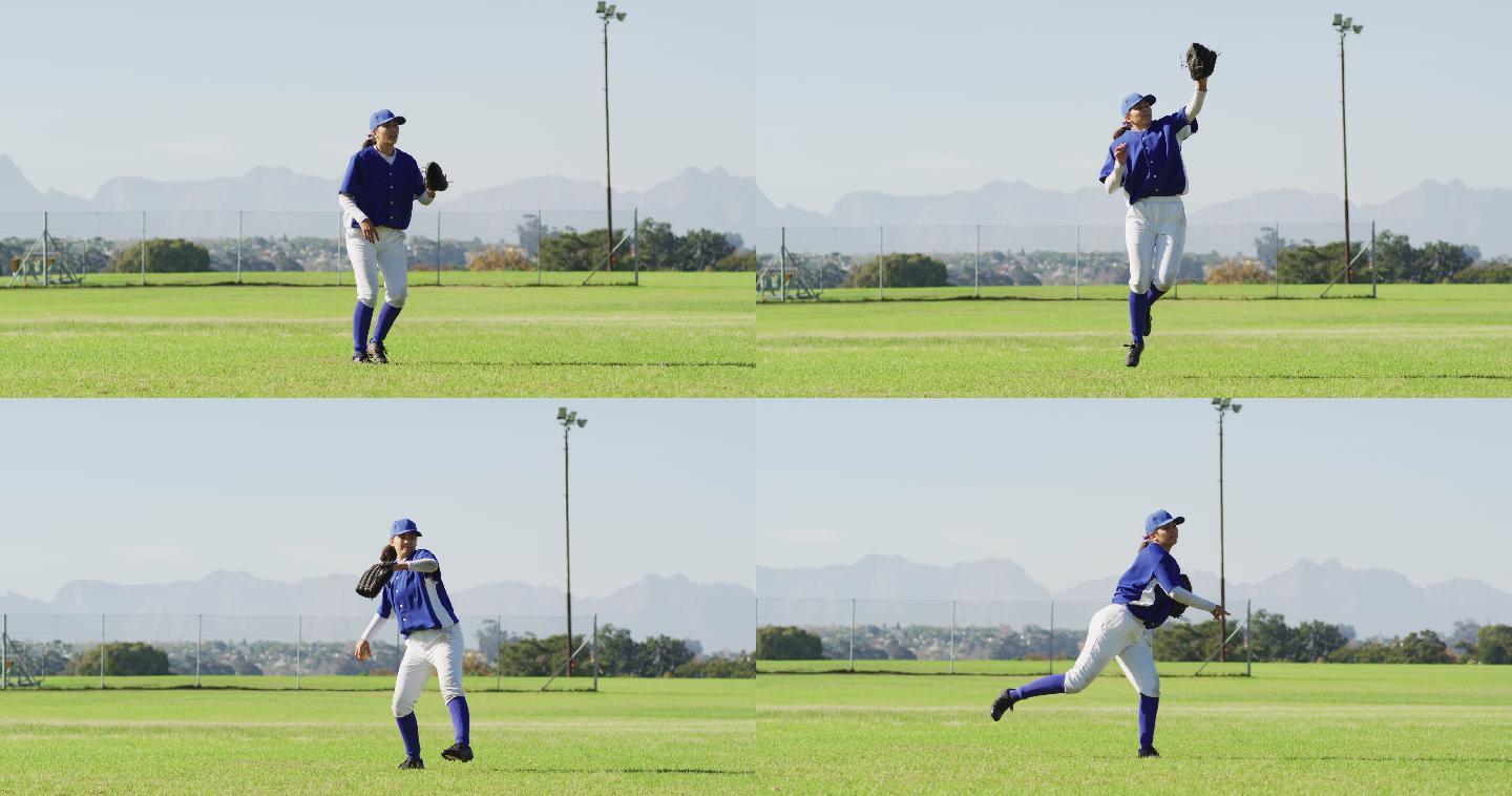 白人女性棒球运动员，外野手在棒球场上跳跃、接球、投球