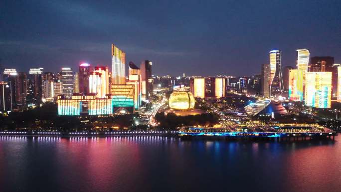 杭州新地标钱江新城CBD灯光秀夜景航拍