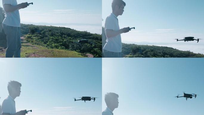 4K一位摄影师在山上飞无人机
