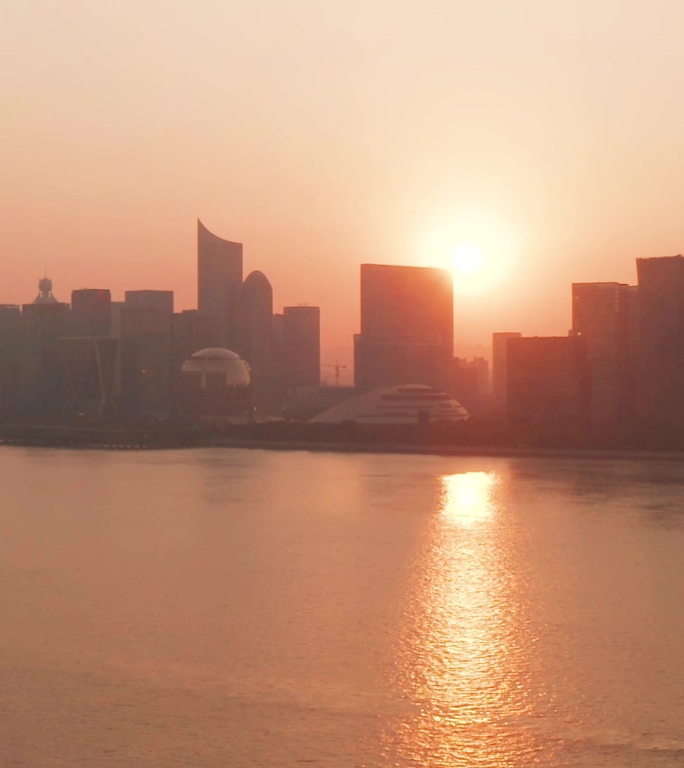 杭州地标钱江新城CBD建筑群日落风景航拍