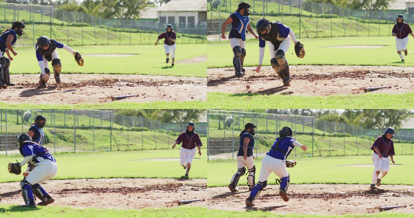 一群不同的女棒球手，外野手试图接住在垒边奔跑的击球手