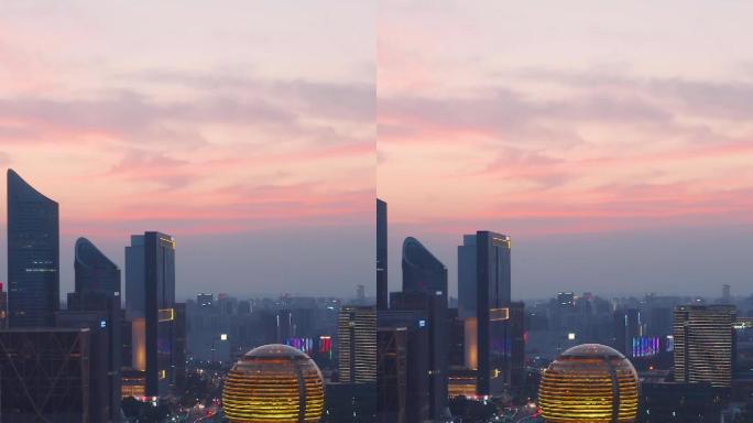 杭州地标钱江新城CBD建筑群日落风景航拍