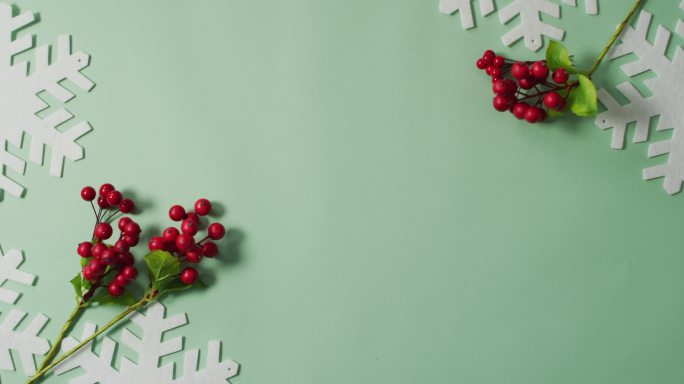 圣诞树叶和红色浆果装饰与雪花图案和复制空间上的绿色