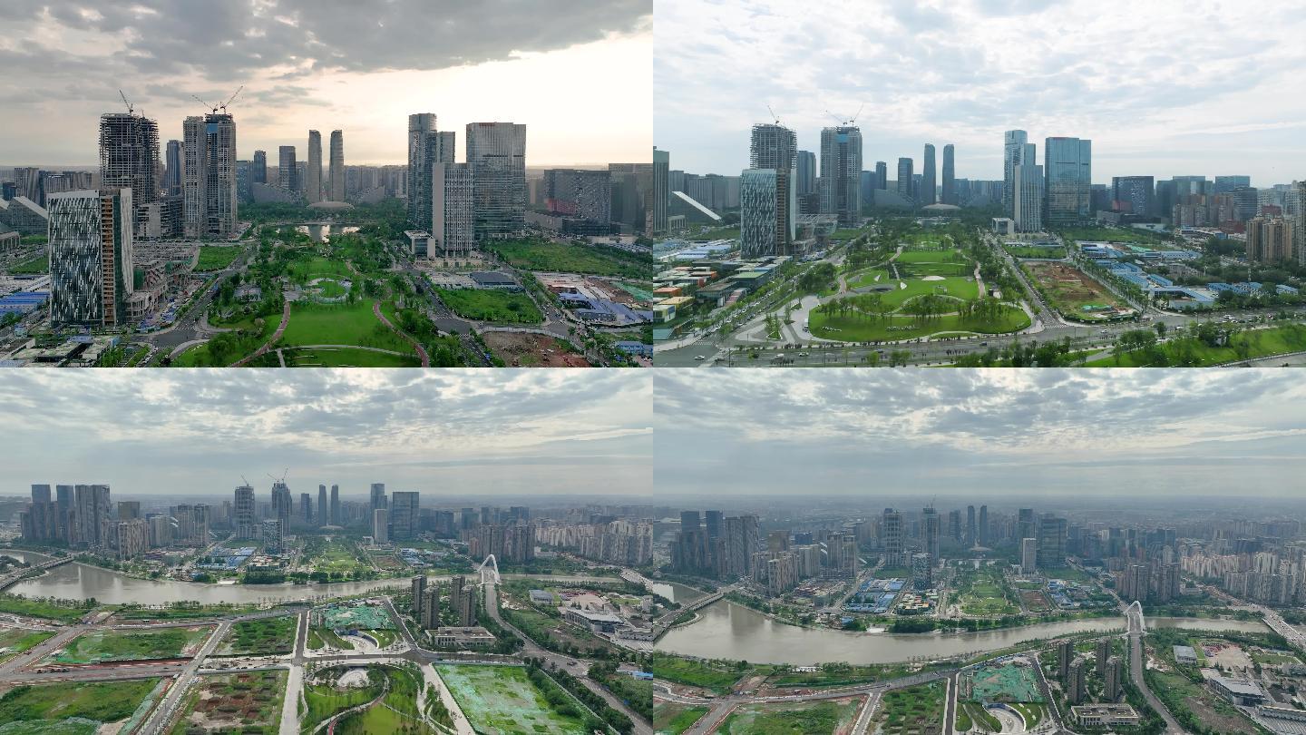 成都高新区交子公园夕阳航拍视频素材4K