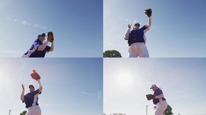 在阳光明媚的棒球场上，混血女棒球手接球和投球