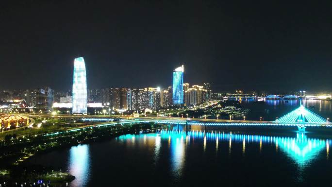 航拍南昌朝阳新城一江两岸朝阳大桥夜景延时