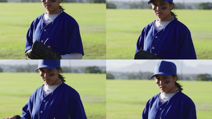 混血儿女棒球运动员的肖像，戴着眼睛黑，扔球到手套