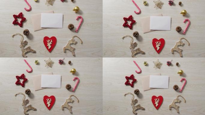 圣诞装饰的视频与白色和米色卡片在木制背景