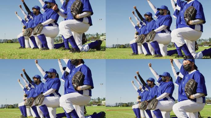 各种各样的女棒球运动员戴着面罩，双手高举，跪在一起