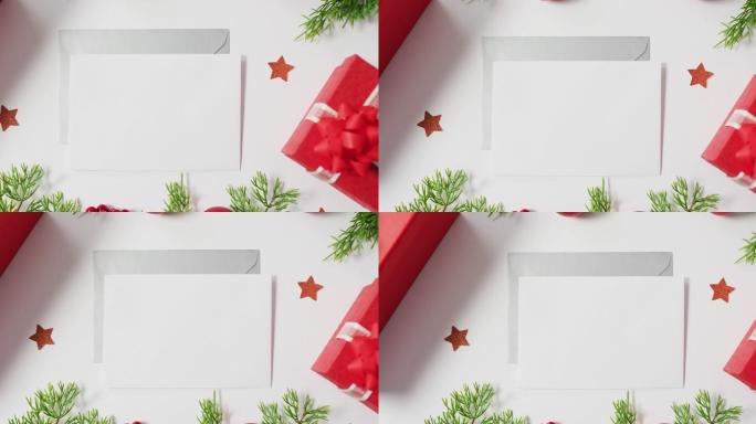 圣诞装饰的视频，白色背景上的红色星星和信封