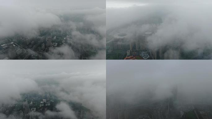 航拍杭州云层穿云雨季云雾